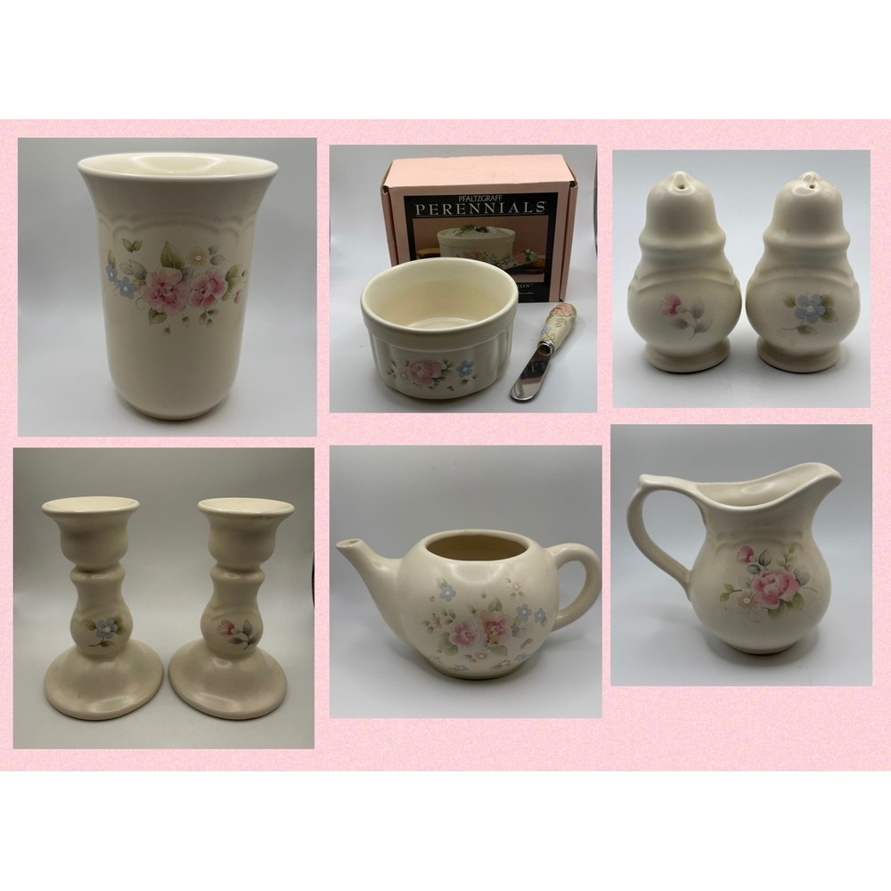 Pfaltzgraff Tea Rose Stoneware Set Pitcher Teapot Vase Shakers Candlesticks +